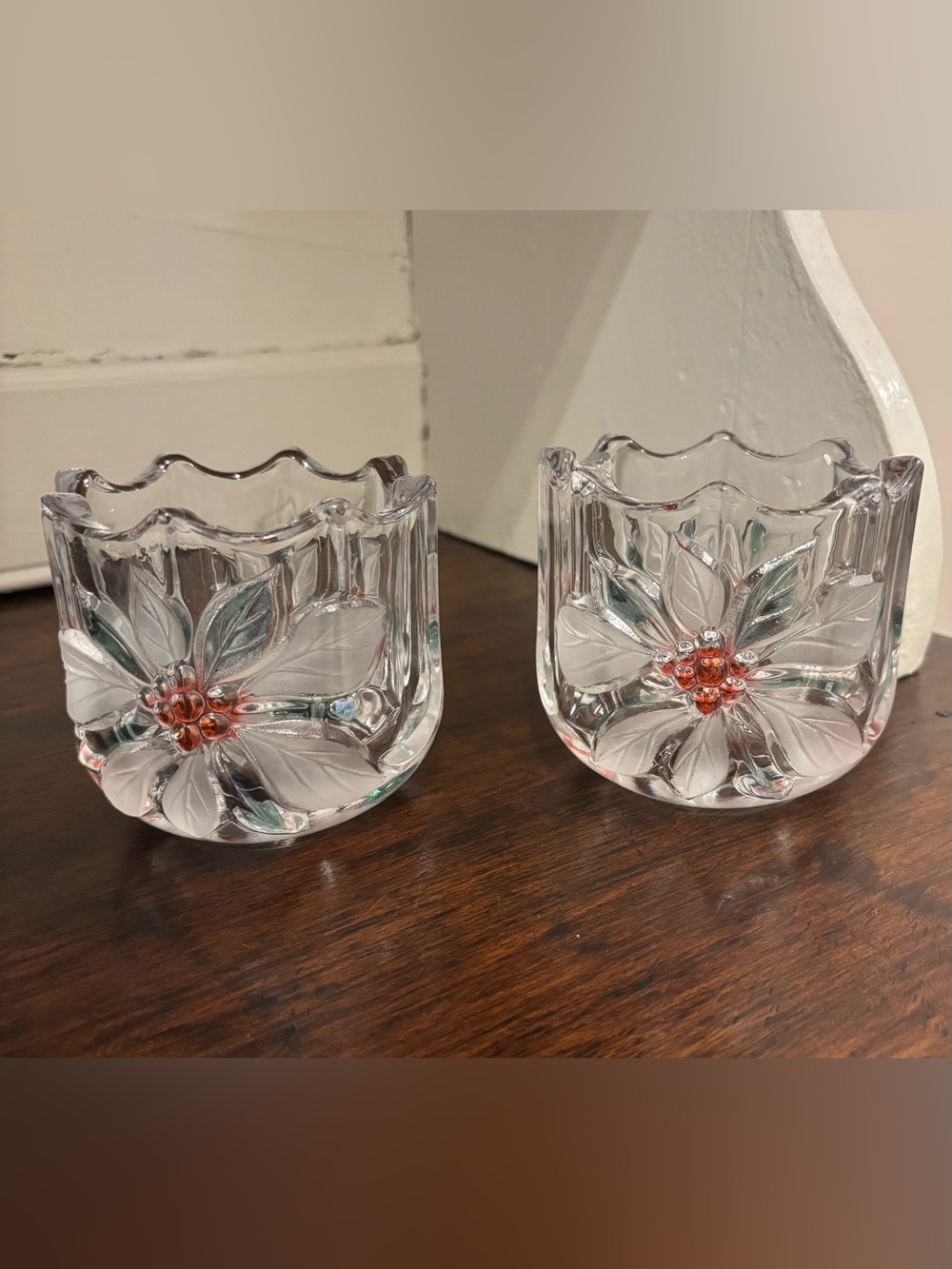 Mikasa Holiday Bloom Crystal Votive Candle Holders Set of 2 Etched Poinsettia